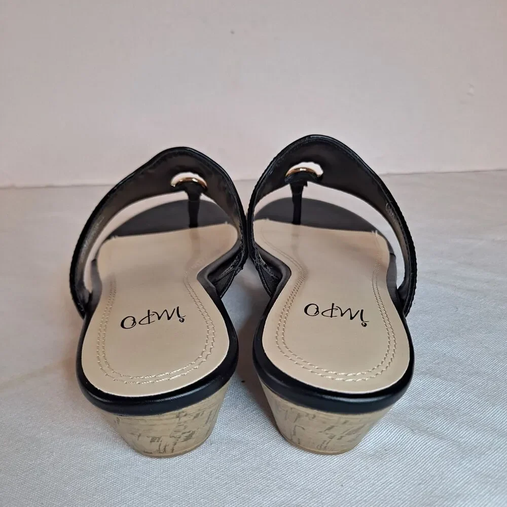 Impo Ronette Slide Sandals Women's 7.5 Black Gold Circle Cork Wedge Heel